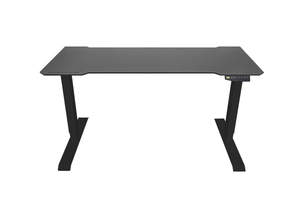 podnoszone biurko z blatem grafitowym i czarnym stelażem średniej wielkości