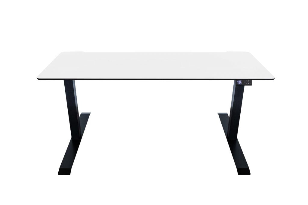 duże biurko w nowoczesnym kształcie z białym blatem oraz czarnym stelażem